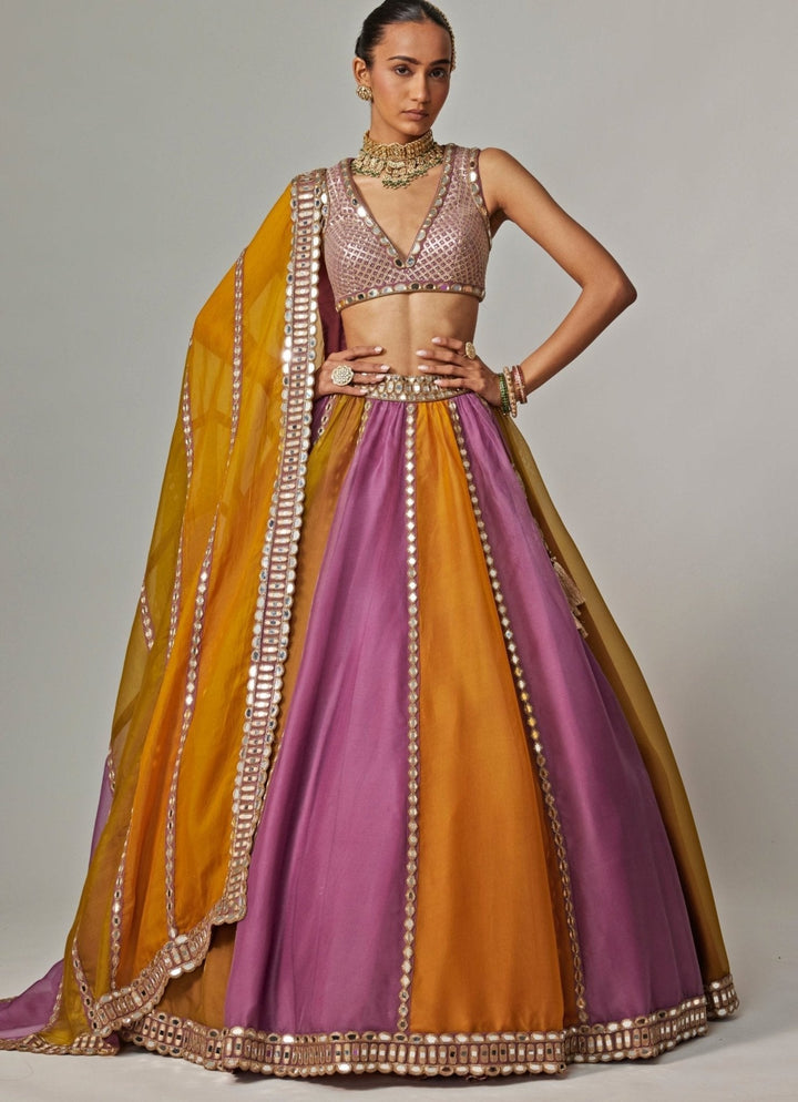 Mustard Yellow Multicolour Linear Embroidered Lehenga Set Vvani by Vani Vats - Fabilicious Fashion