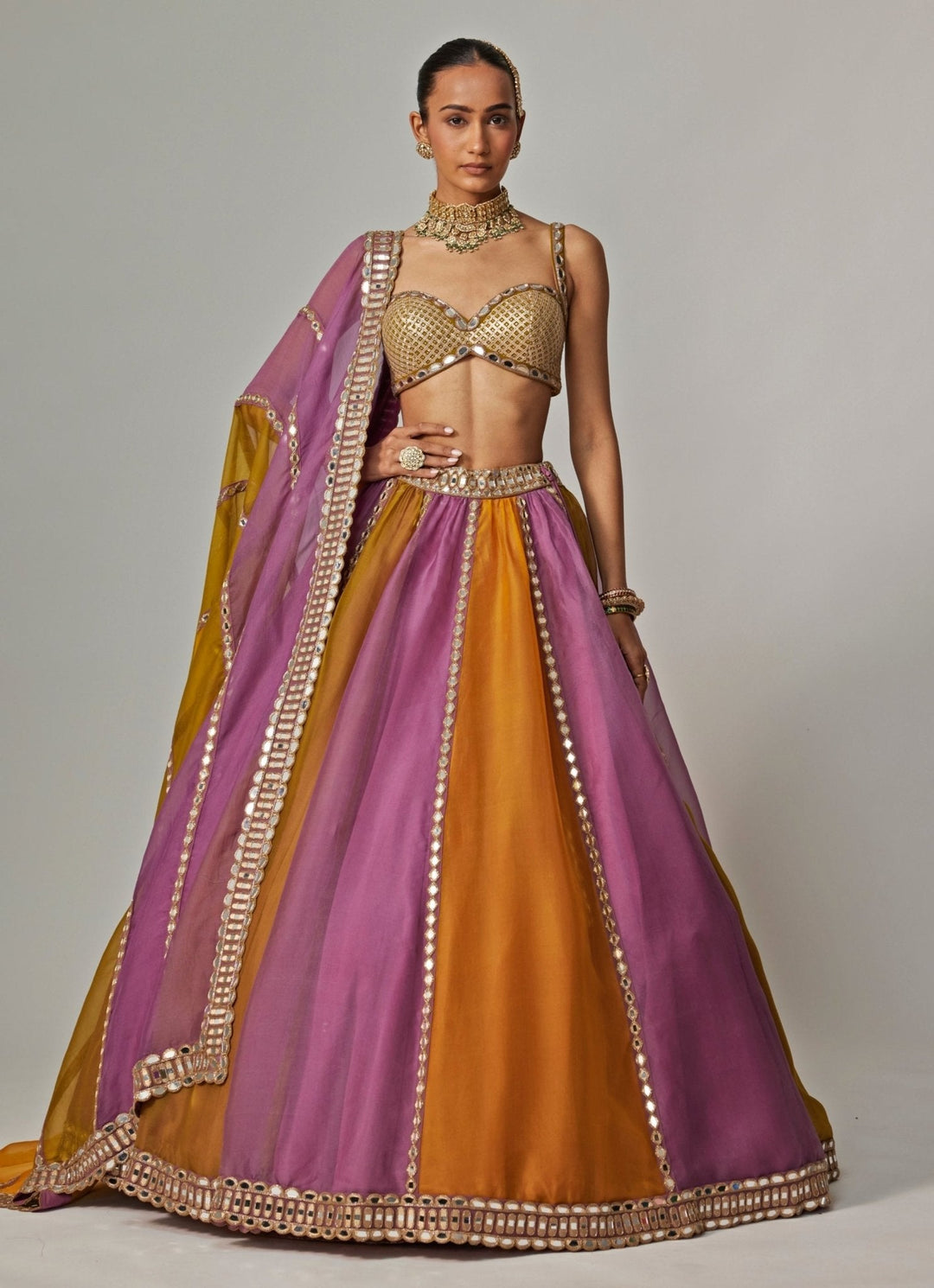 Mustard Yellow Multicolour Linear Embroidered Lehenga Set Vvani by Vani Vats - Fabilicious Fashion