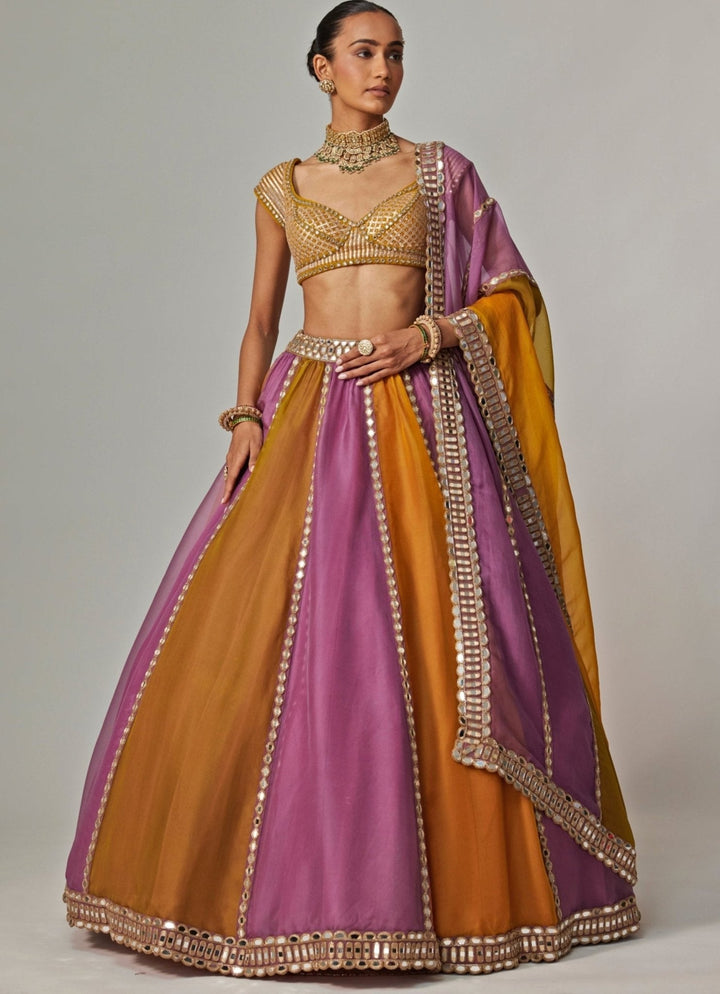 Mustard Yellow Multicolour Linear Embroidered Lehenga Set Vvani by Vani Vats - Fabilicious Fashion