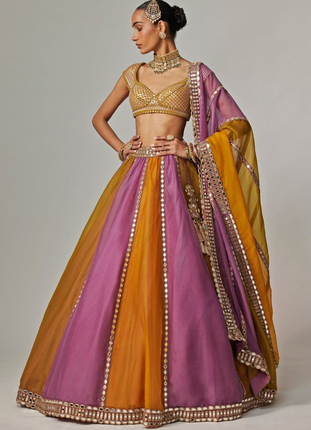Mustard Yellow Multicolour Linear Embroidered Lehenga Set Vvani by Vani Vats - Fabilicious Fashion