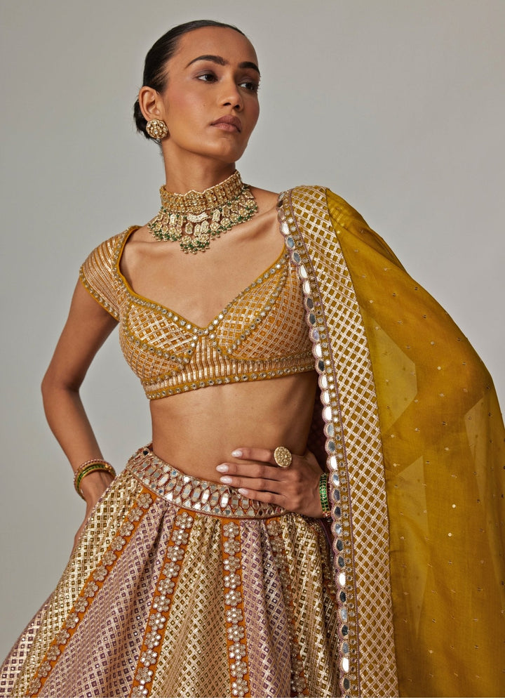 Mustard Yellow Multicolour Metallic Lehenga With Green Dupatta Vvani by Vani Vats - Fabilicious Fashion