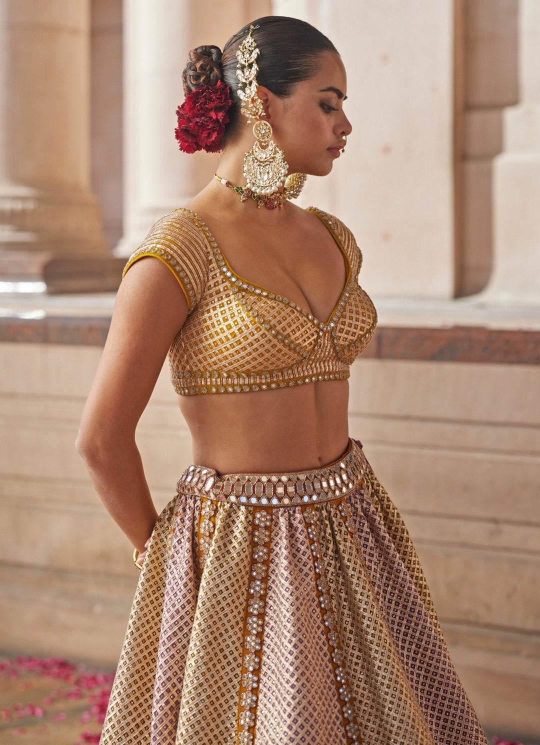 Mustard Yellow Multicolour Metallic Lehenga With Green Dupatta Vvani by Vani Vats - Fabilicious Fashion