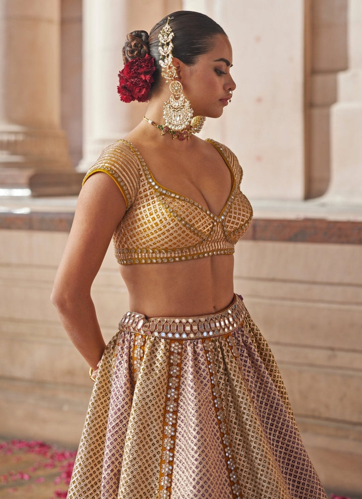 Mustard Yellow Multicolour Metallic Lehenga With Green Dupatta Vvani by Vani Vats - Fabilicious Fashion