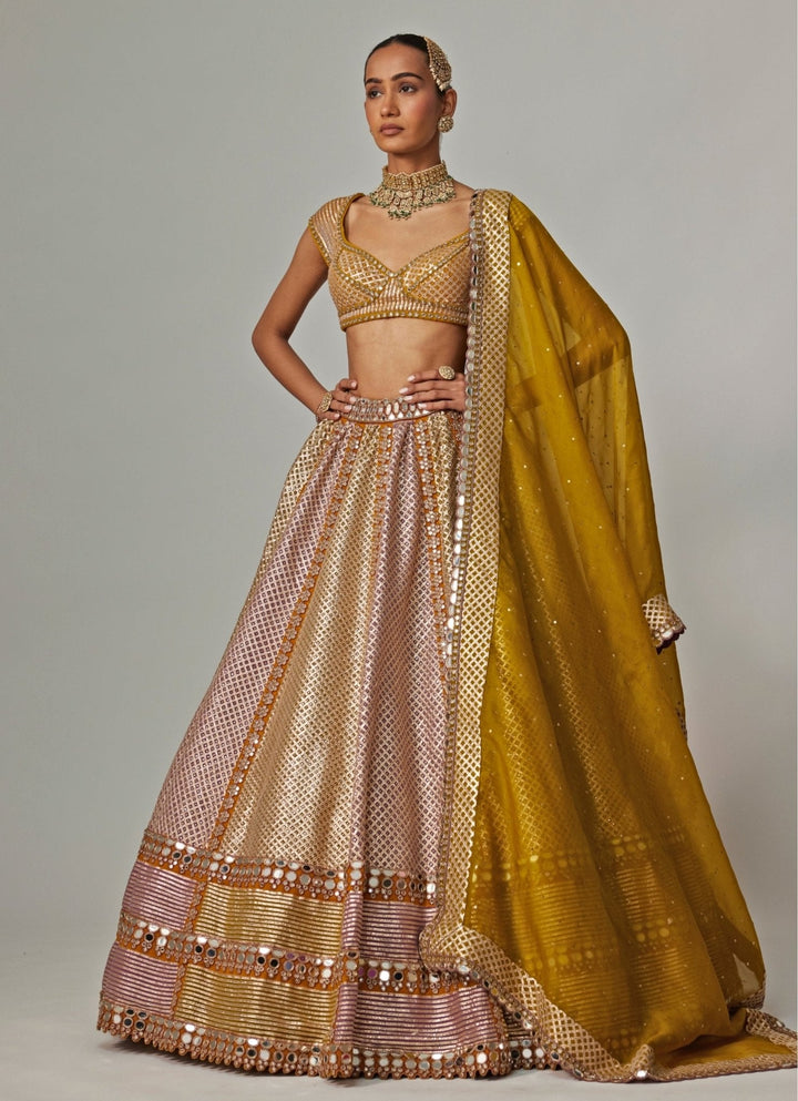 Mustard Yellow Multicolour Metallic Lehenga With Green Dupatta Vvani by Vani Vats - Fabilicious Fashion