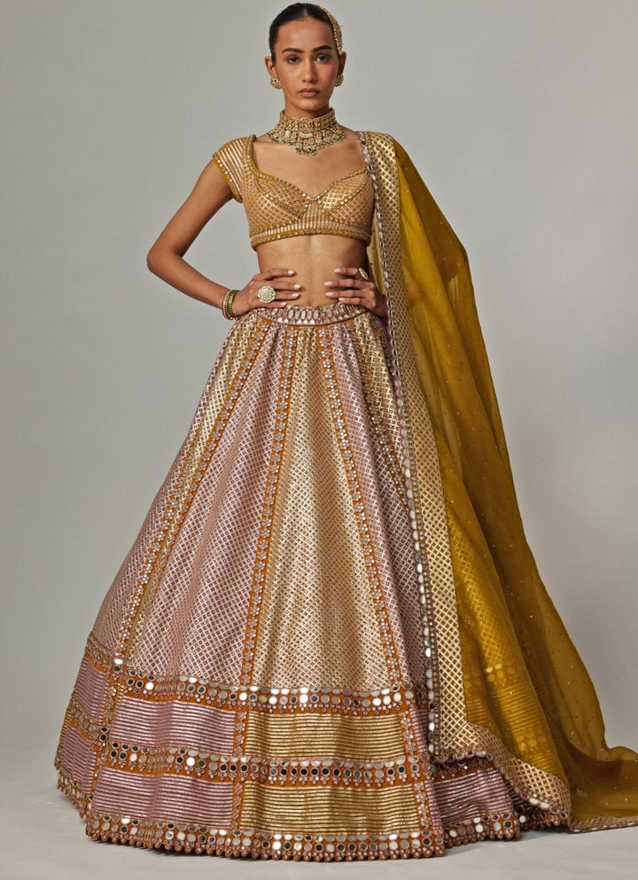 Mustard Yellow Multicolour Metallic Lehenga With Green Dupatta Vvani by Vani Vats - Fabilicious Fashion
