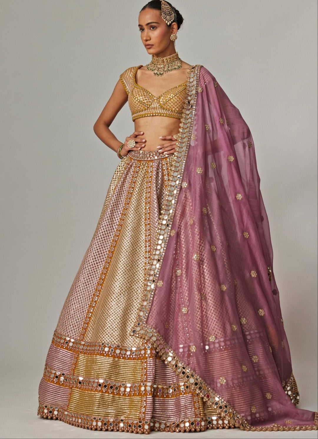 Mustard Yellow Multicolour Metallic Lehenga With Lilac Dupatta Vvani by Vani Vats - Fabilicious Fashion