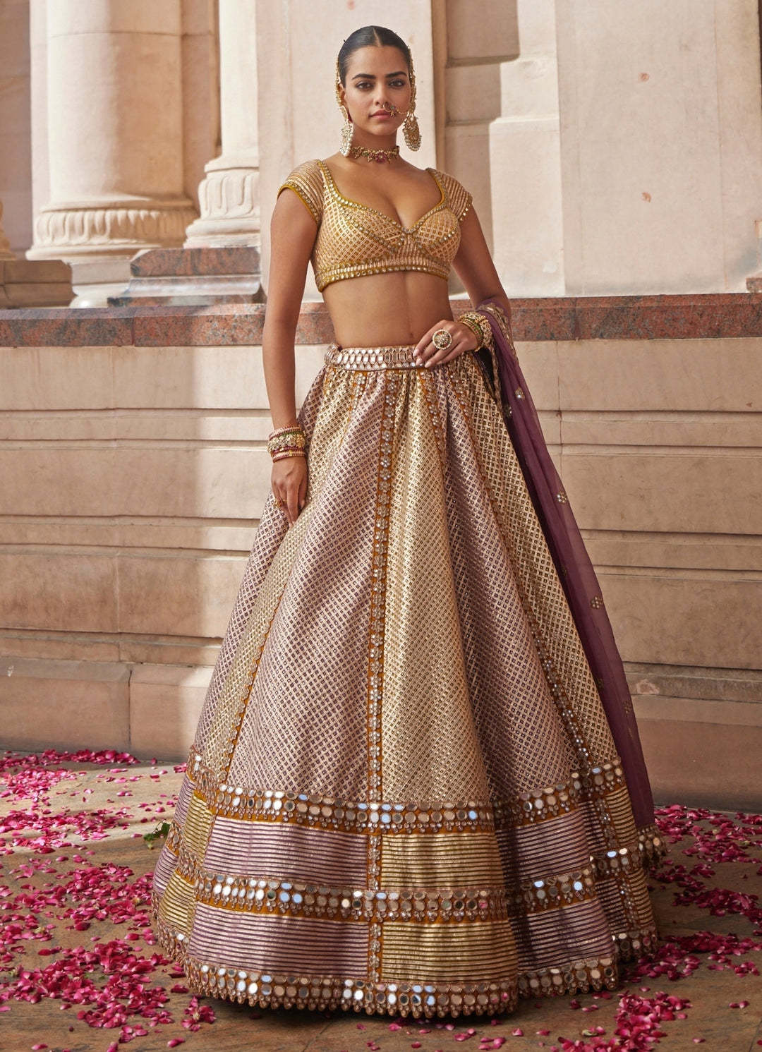 Mustard Yellow Multicolour Metallic Lehenga With Lilac Dupatta Vvani by Vani Vats - Fabilicious Fashion