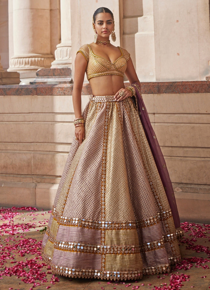 Mustard Yellow Multicolour Metallic Lehenga With Lilac Dupatta Vvani by Vani Vats - Fabilicious Fashion