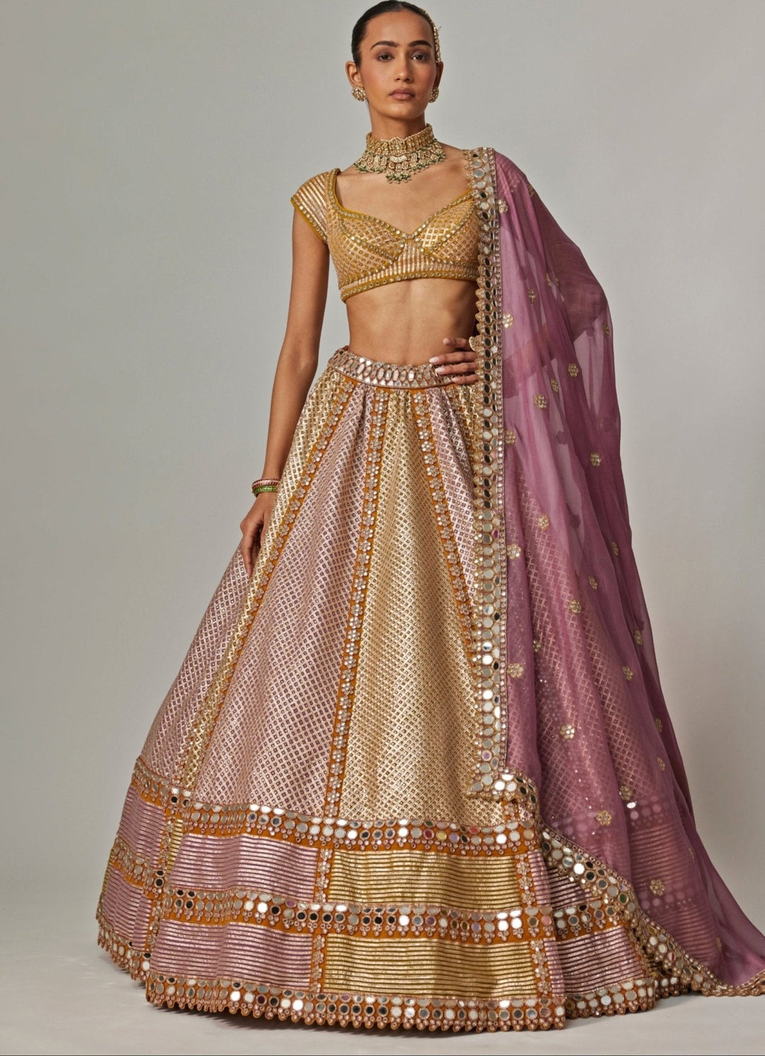 Mustard Yellow Multicolour Metallic Lehenga With Lilac Dupatta Vvani by Vani Vats - Fabilicious Fashion