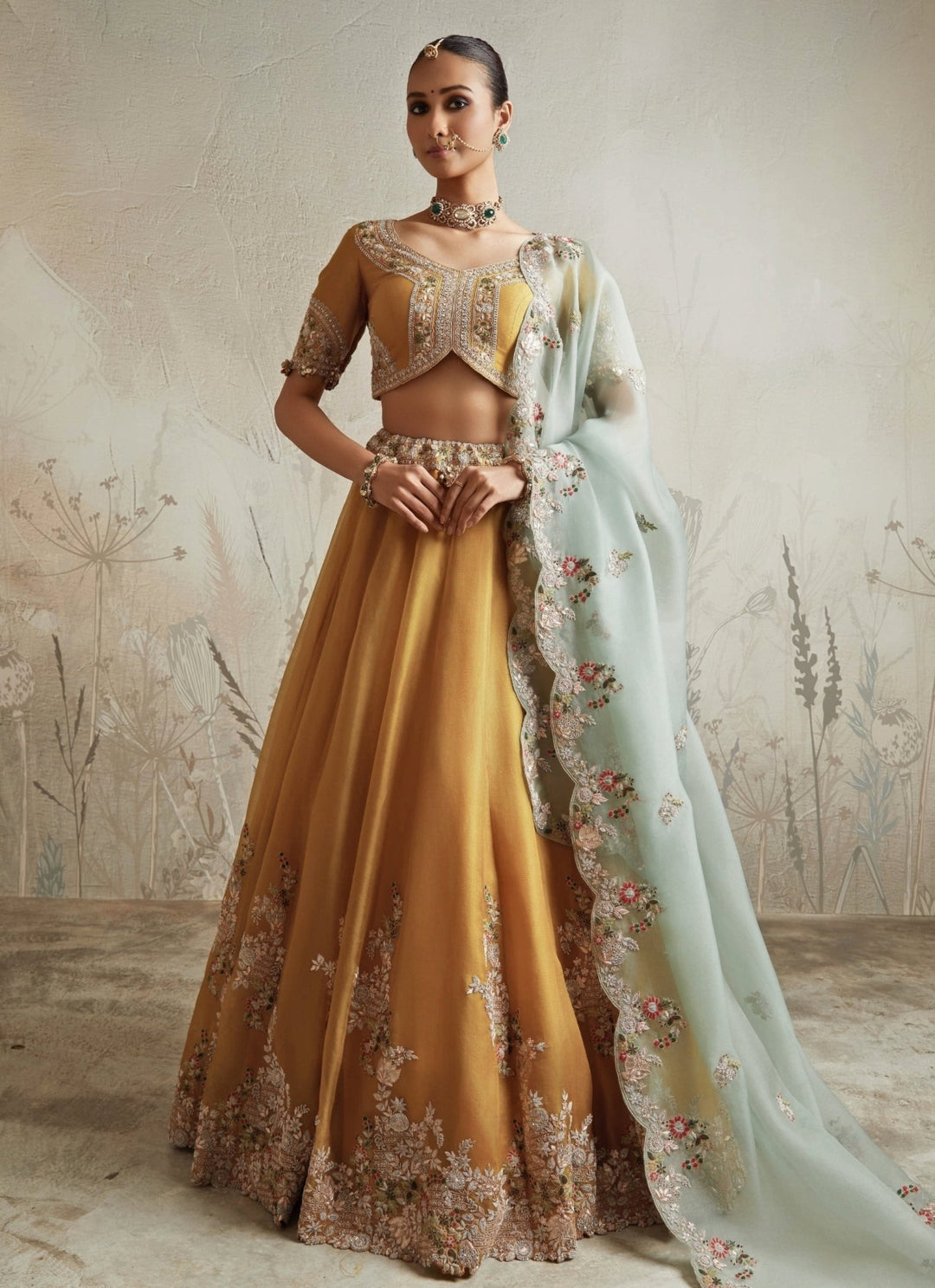 Prisho Mustard Yellow Organza Lehenga Set With Blue DupattaFabilicious Fashion