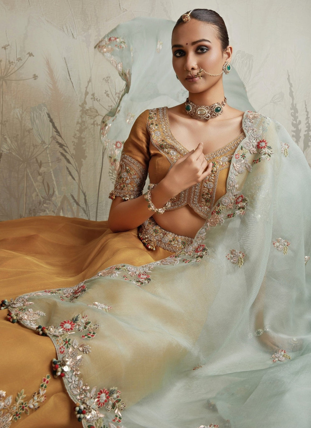 Prisho Mustard Yellow Organza Lehenga Set With Blue DupattaFabilicious Fashion