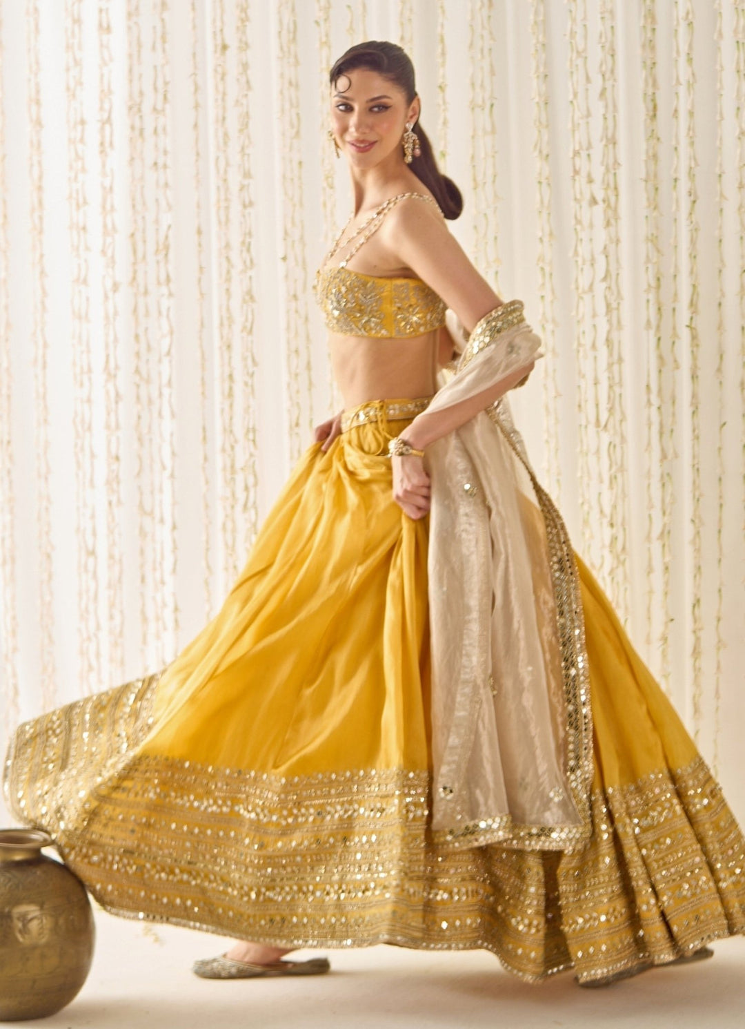 Mustard Yellow Organza Lehenga Set With Champagne Dupatta Sanya Gulati - Fabilicious Fashion