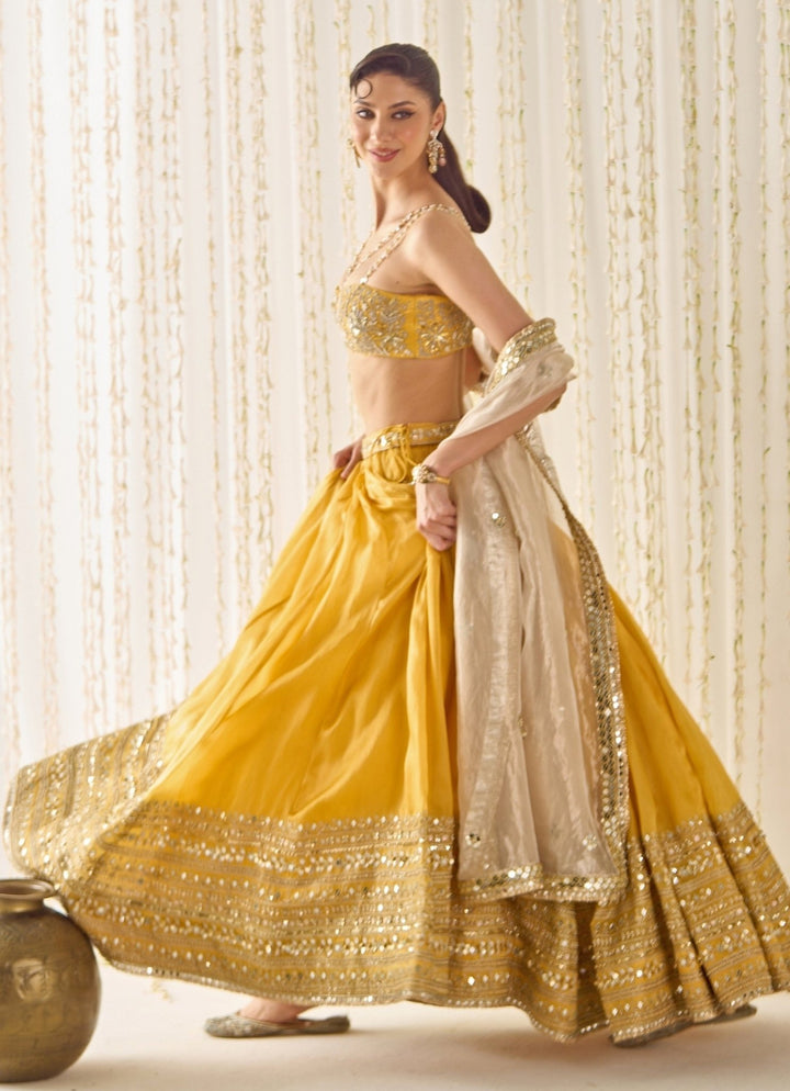 Mustard Yellow Organza Lehenga Set With Champagne Dupatta Sanya Gulati - Fabilicious Fashion