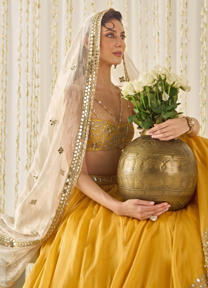 Mustard Yellow Organza Lehenga Set With Champagne Dupatta Sanya Gulati - Fabilicious Fashion
