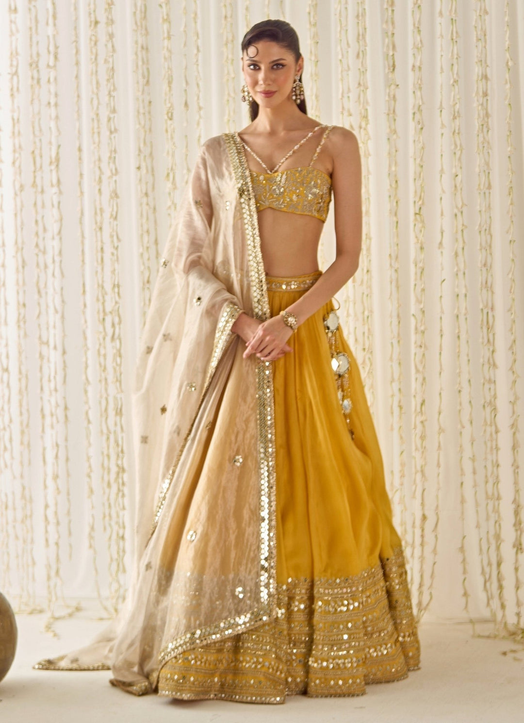Mustard Yellow Organza Lehenga Set With Champagne Dupatta Sanya Gulati - Fabilicious Fashion