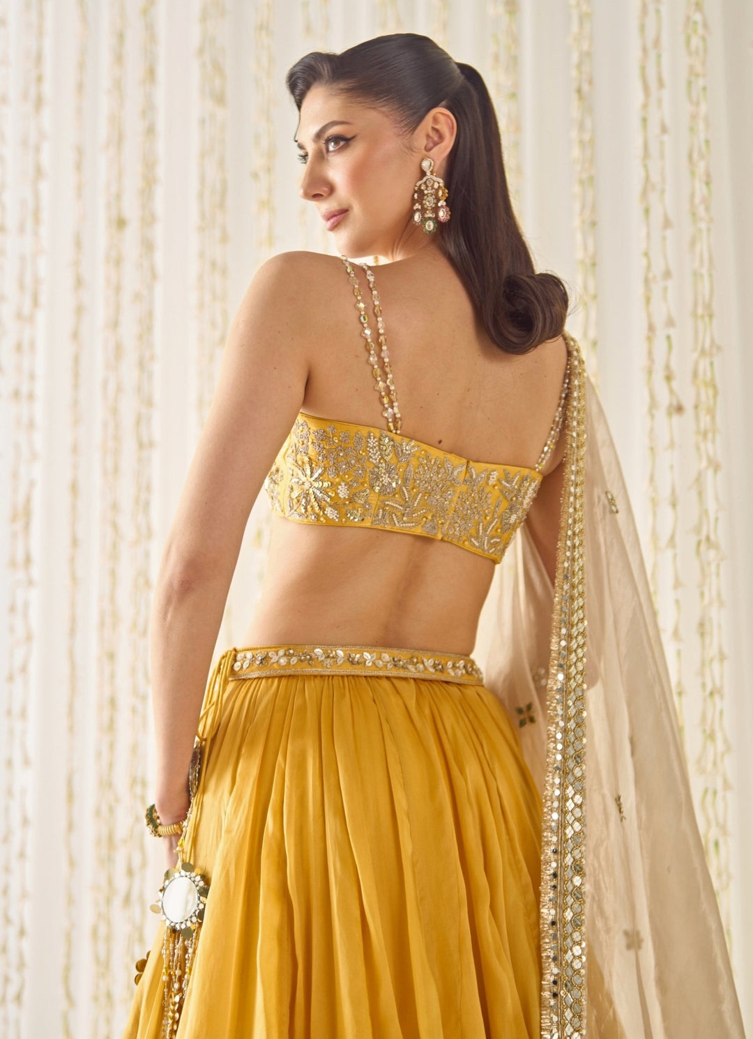 Mustard Yellow Organza Lehenga Set With Champagne Dupatta Sanya Gulati - Fabilicious Fashion