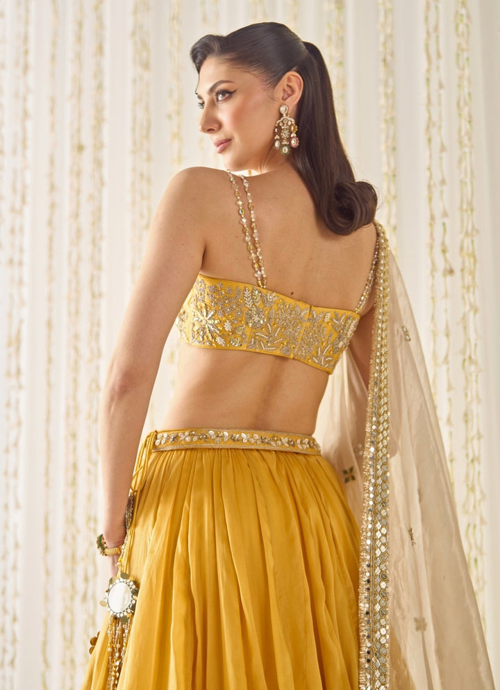 Mustard Yellow Organza Lehenga Set With Champagne Dupatta Sanya Gulati - Fabilicious Fashion