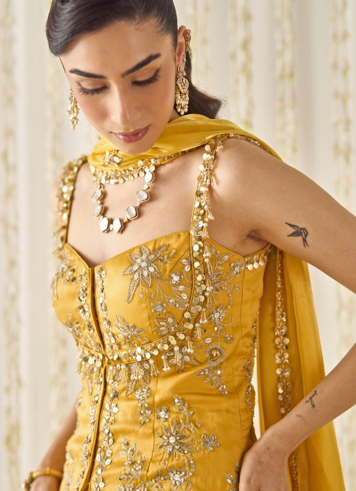 Mustard Yellow Organza Peplum Kurta Lehenga Set Sanya Gulati - Fabilicious Fashion