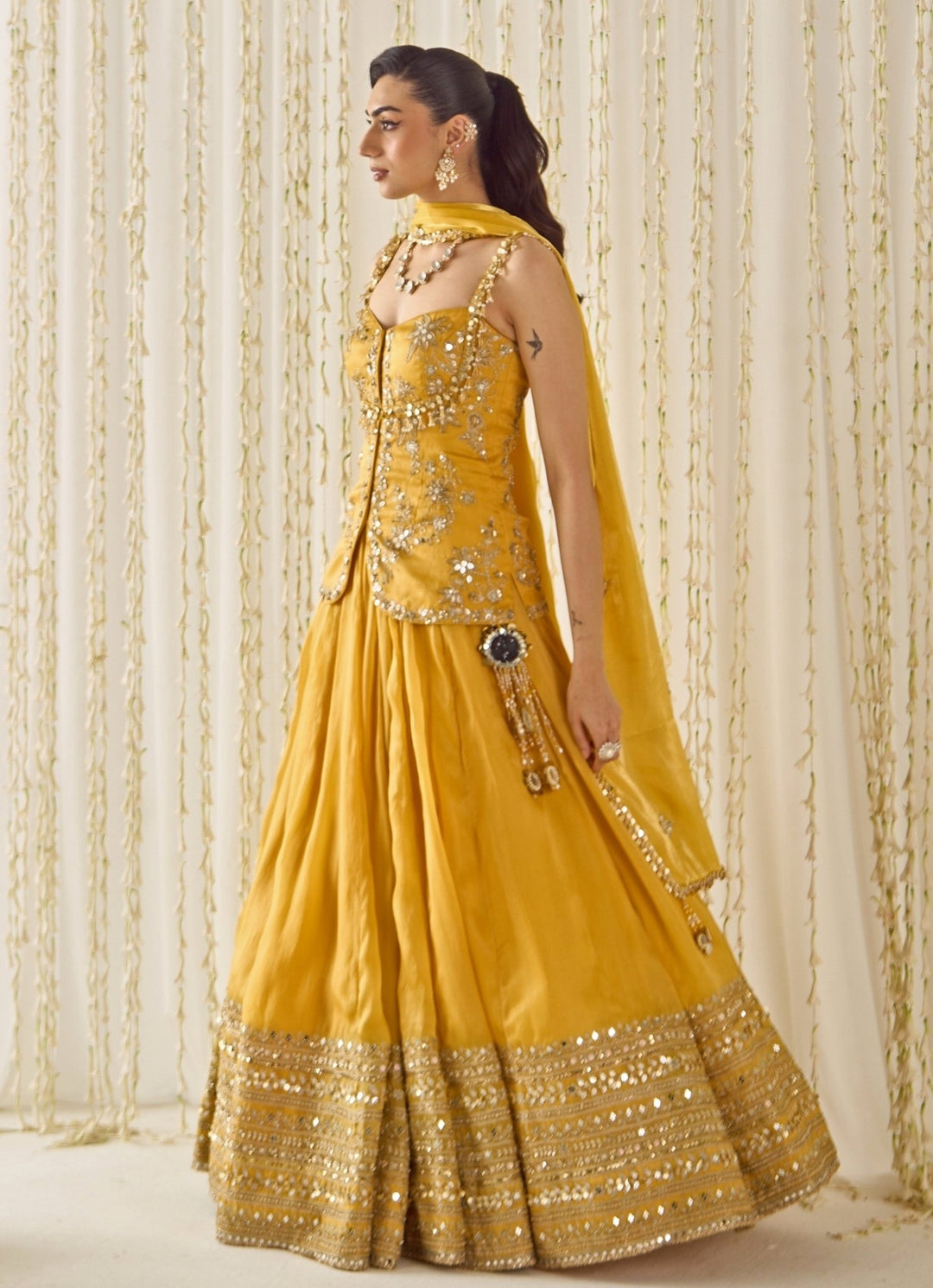 Mustard Yellow Organza Peplum Kurta Lehenga Set Sanya Gulati - Fabilicious Fashion