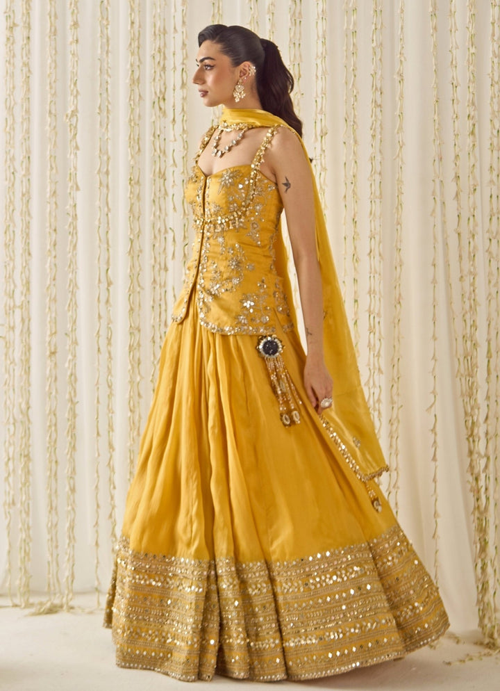 Mustard Yellow Organza Peplum Kurta Lehenga Set Sanya Gulati - Fabilicious Fashion