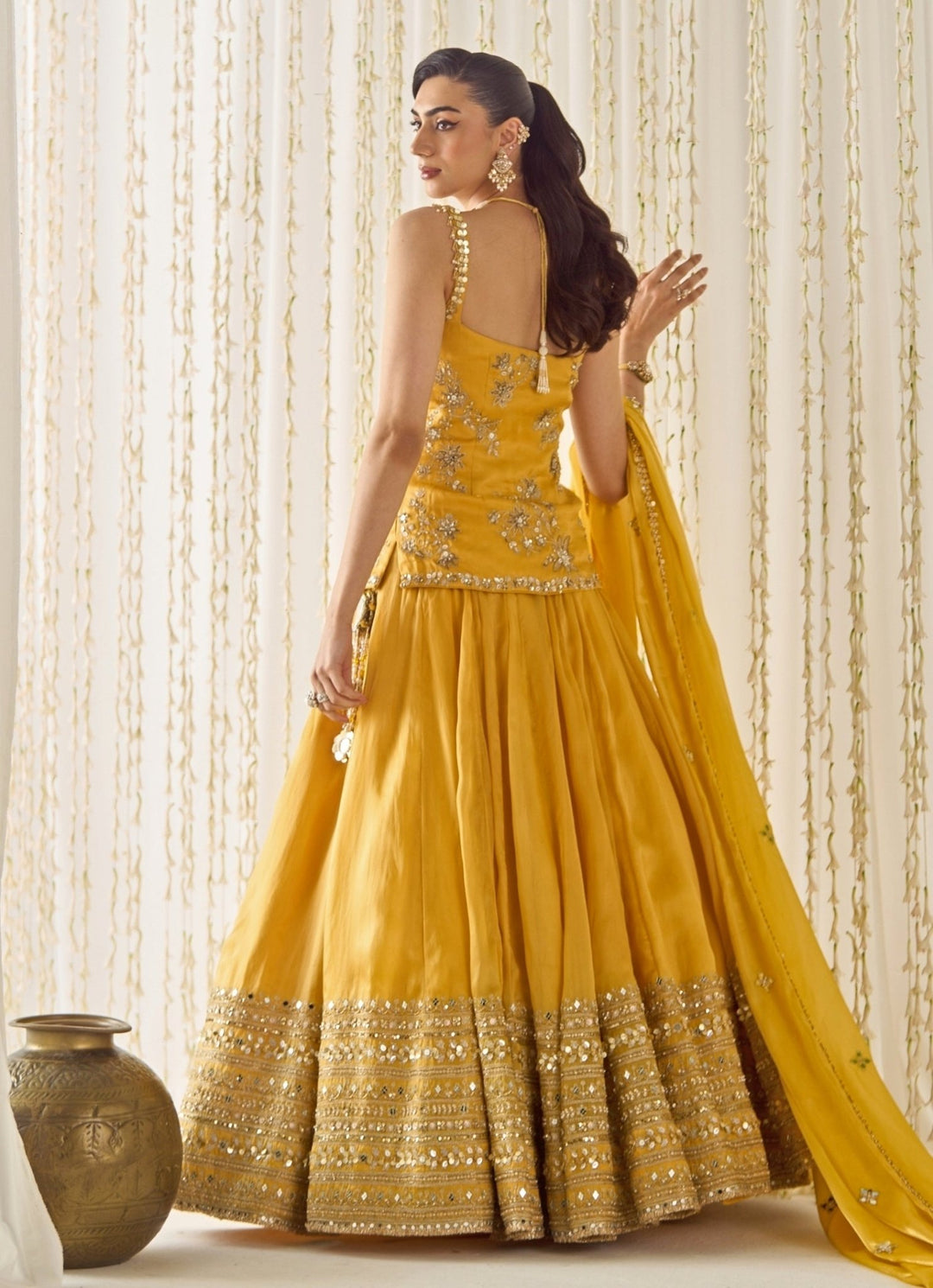 Mustard Yellow Organza Peplum Kurta Lehenga Set Sanya Gulati - Fabilicious Fashion