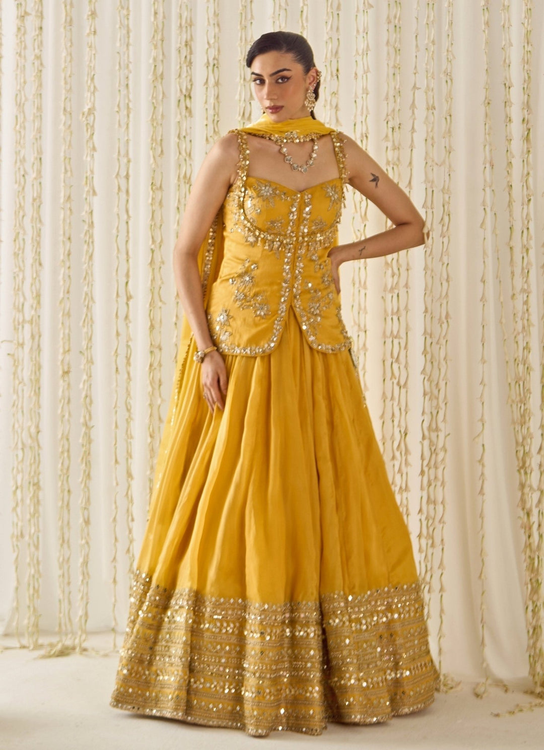 Mustard Yellow Organza Peplum Kurta Lehenga Set Sanya Gulati - Fabilicious Fashion