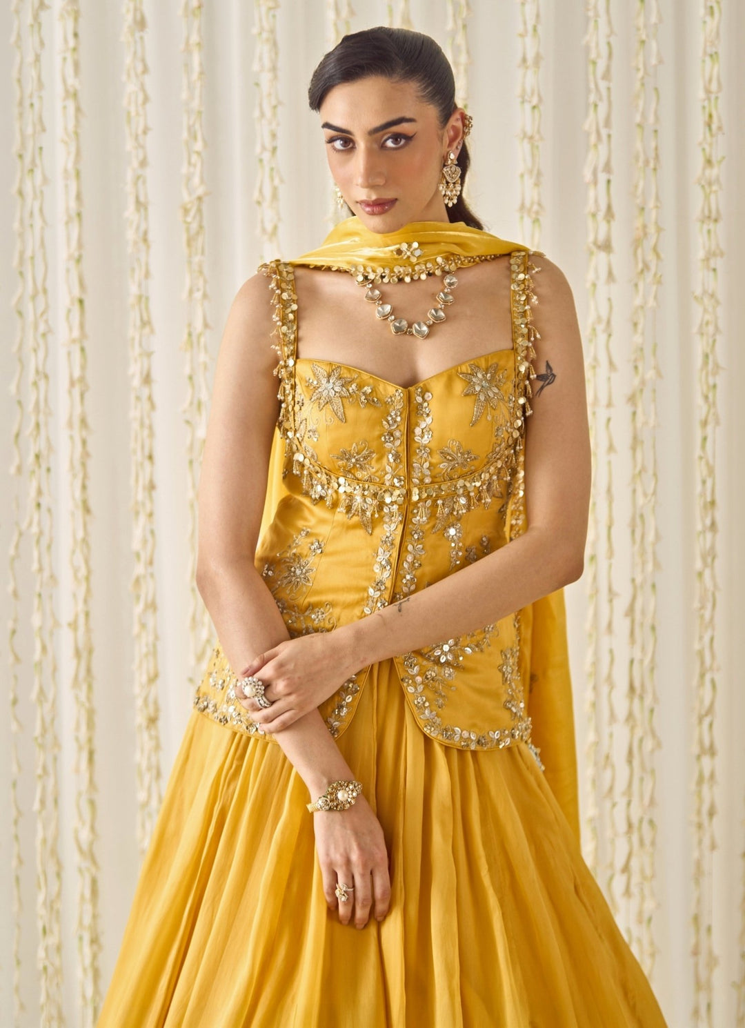 Mustard Yellow Organza Peplum Kurta Lehenga Set Sanya Gulati - Fabilicious Fashion