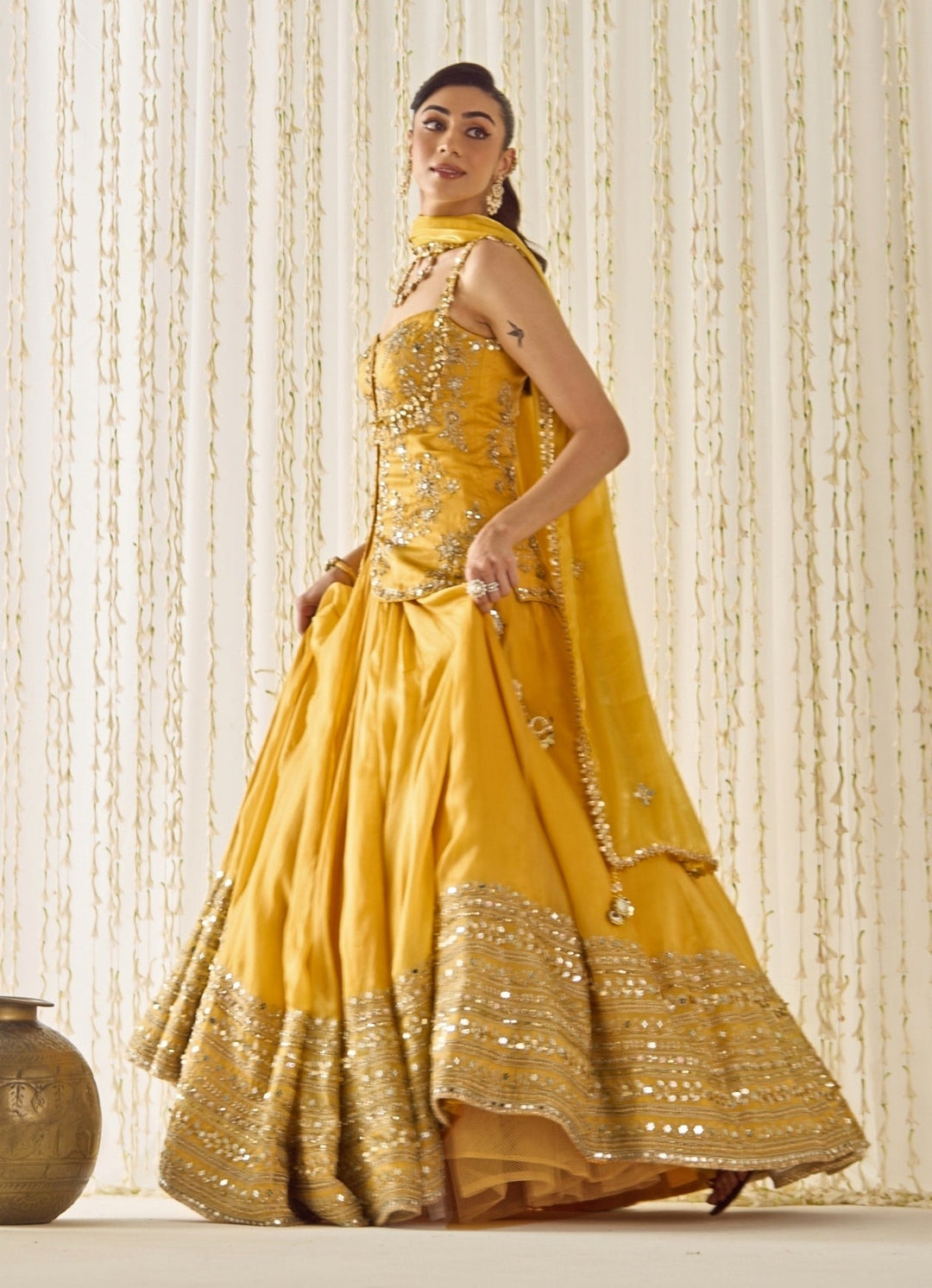 Mustard Yellow Organza Peplum Kurta Lehenga Set Sanya Gulati - Fabilicious Fashion