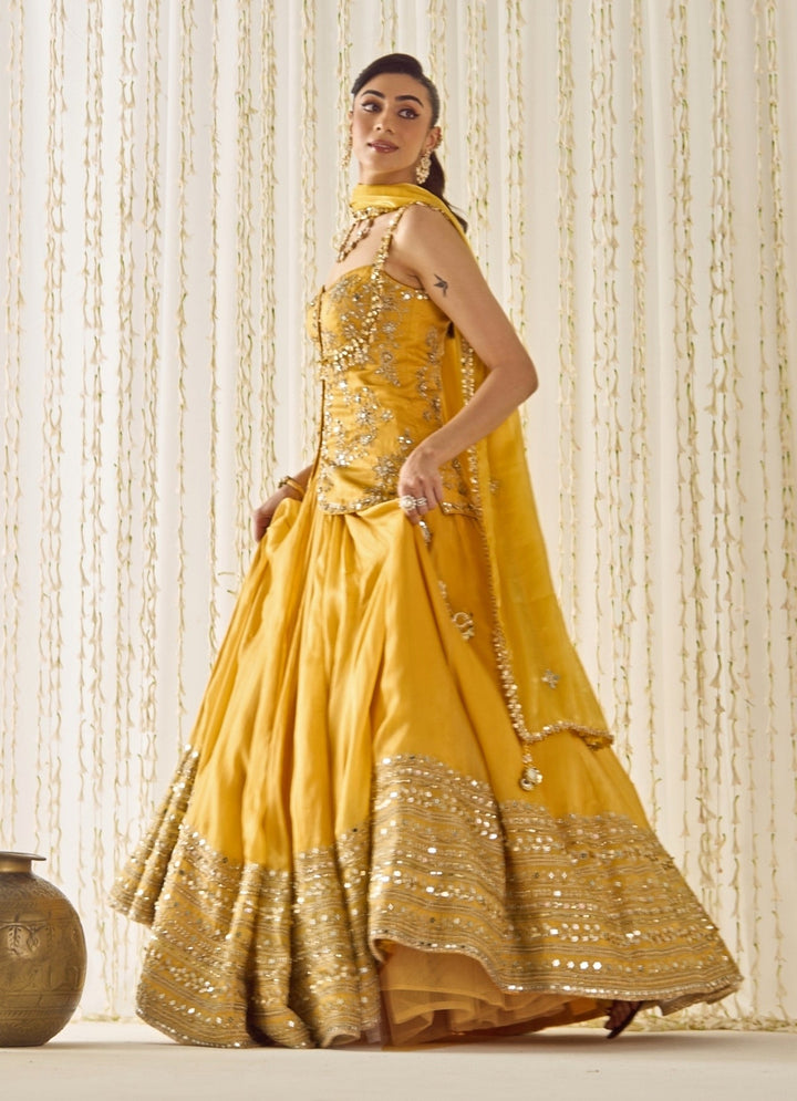 Mustard Yellow Organza Peplum Kurta Lehenga Set Sanya Gulati - Fabilicious Fashion