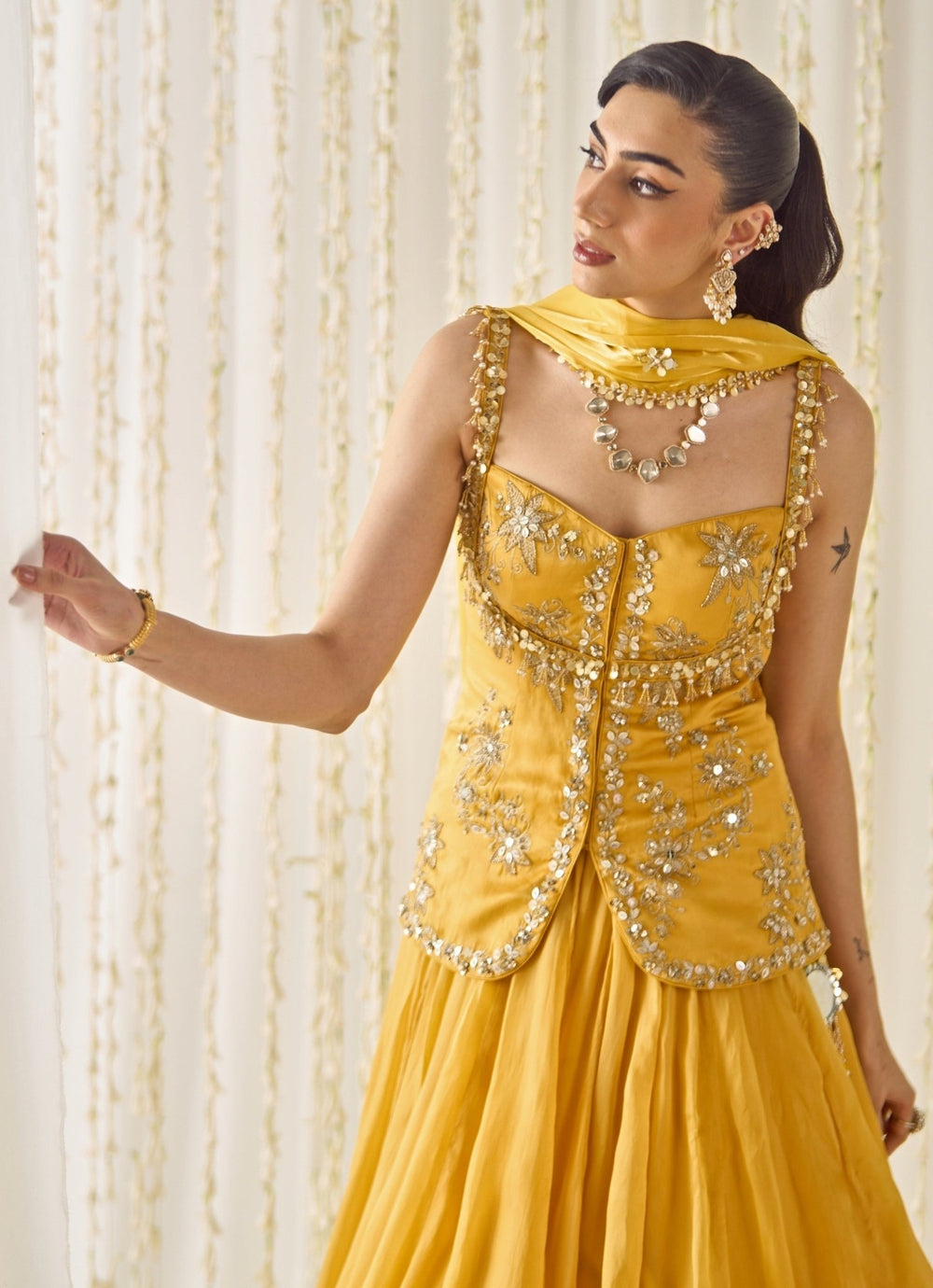 Mustard Yellow Organza Peplum Kurta Lehenga Set Sanya Gulati - Fabilicious Fashion