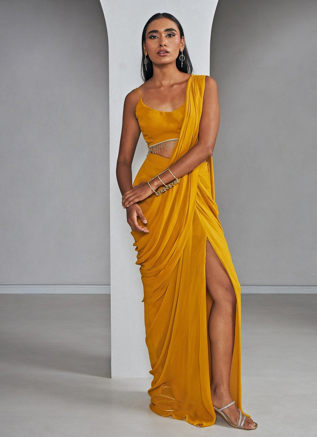 Mustard Yellow Pre Draped Pure Georgette Slit Saree With Tasselled Blouse Ankita Bajaj Label - Fabilicious Fashion