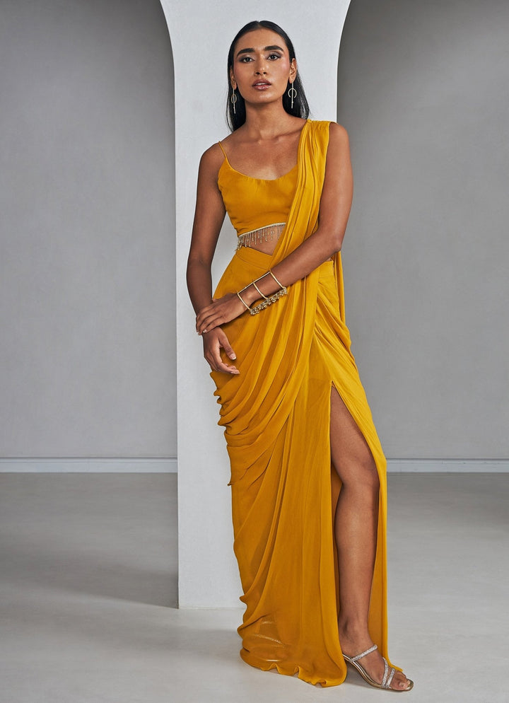 Mustard Yellow Pre Draped Pure Georgette Slit Saree With Tasselled Blouse Ankita Bajaj Label - Fabilicious Fashion