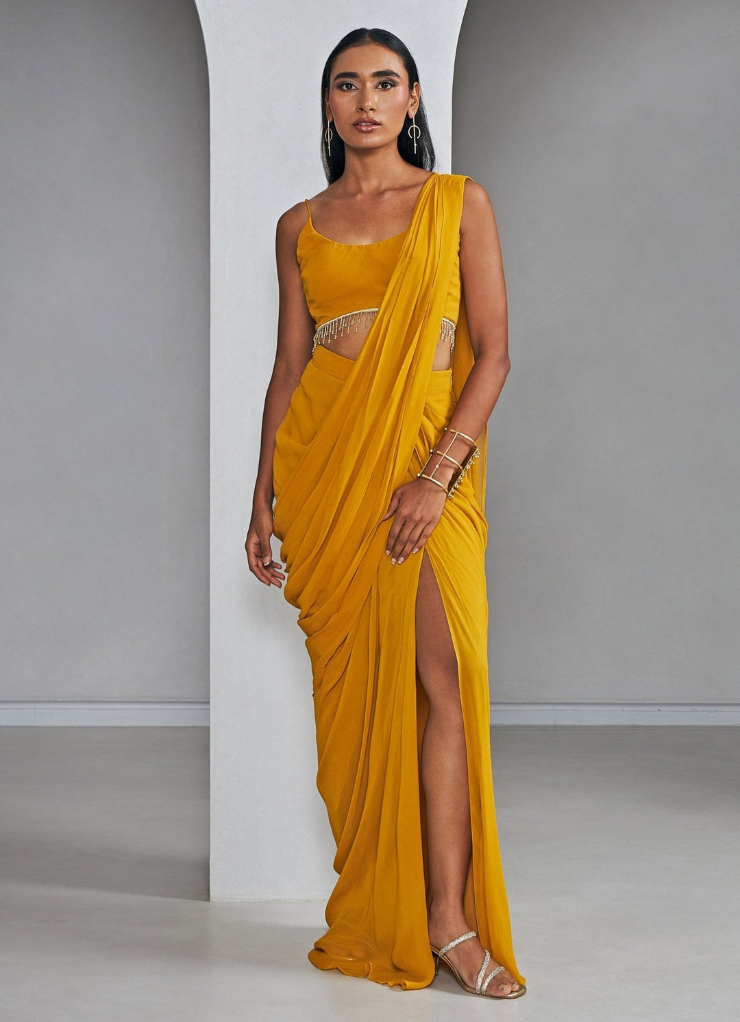 Mustard Yellow Pre Draped Pure Georgette Slit Saree With Tasselled Blouse Ankita Bajaj Label - Fabilicious Fashion