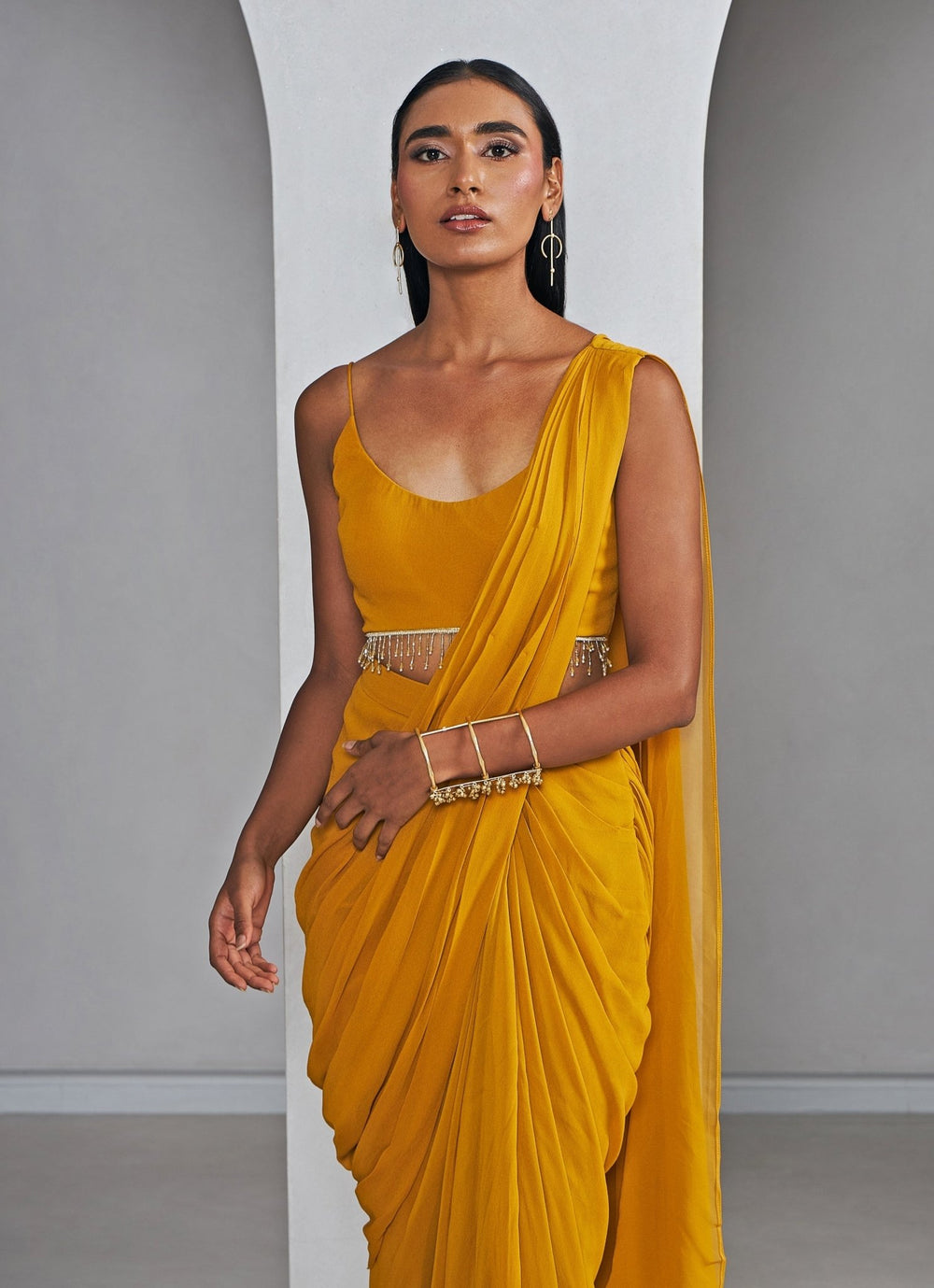 Mustard Yellow Pre Draped Pure Georgette Slit Saree With Tasselled Blouse Ankita Bajaj Label - Fabilicious Fashion