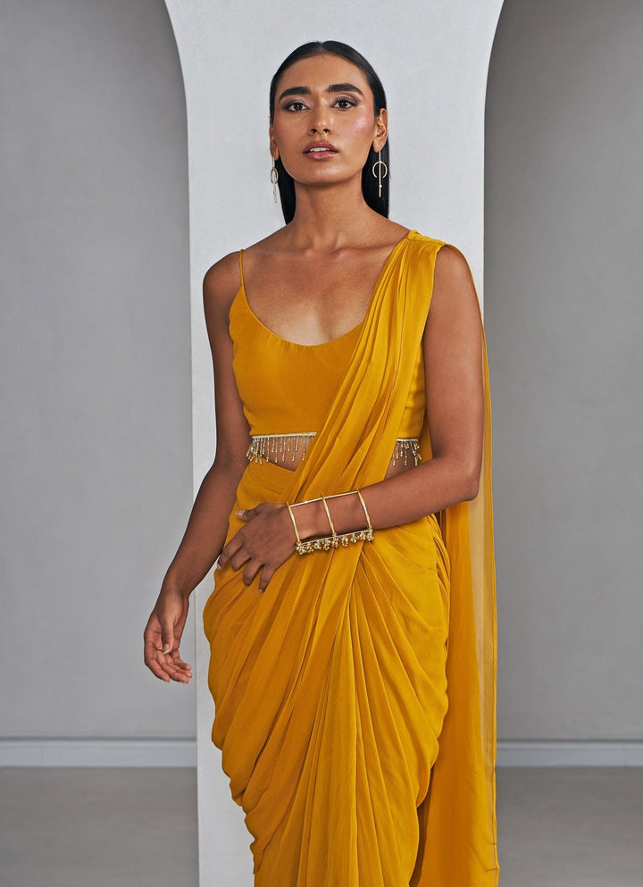 Mustard Yellow Pre Draped Pure Georgette Slit Saree With Tasselled Blouse Ankita Bajaj Label - Fabilicious Fashion