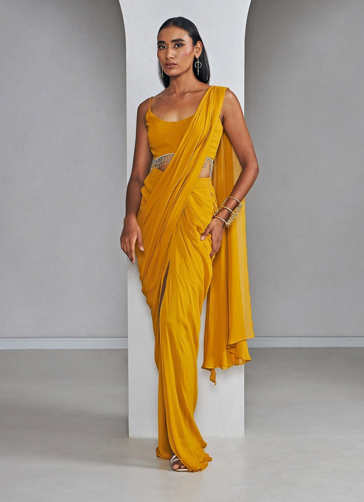 Mustard Yellow Pre Draped Pure Georgette Slit Saree With Tasselled Blouse Ankita Bajaj Label - Fabilicious Fashion