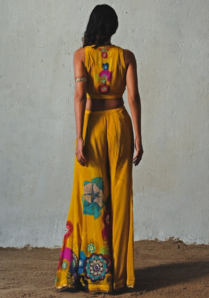 Mustard Yellow Printed Chiffon Pants Set Basil Leaf - Fabilicious Fashion