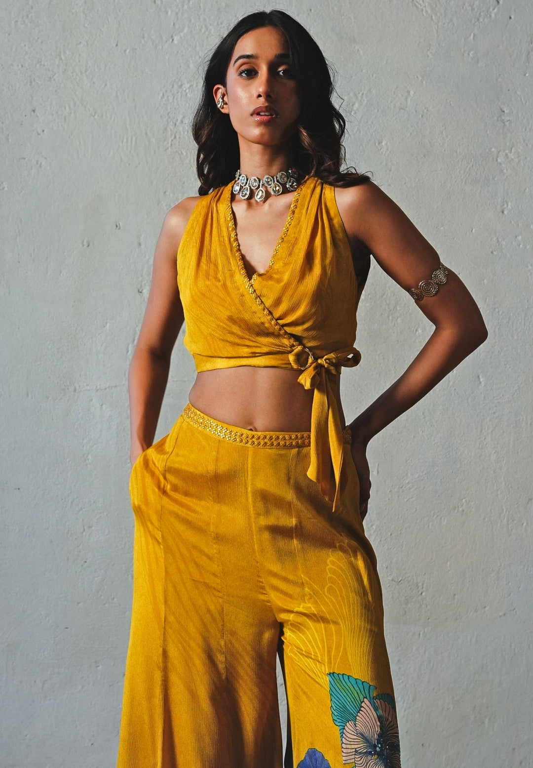 Mustard Yellow Printed Chiffon Pants Set Basil Leaf - Fabilicious Fashion