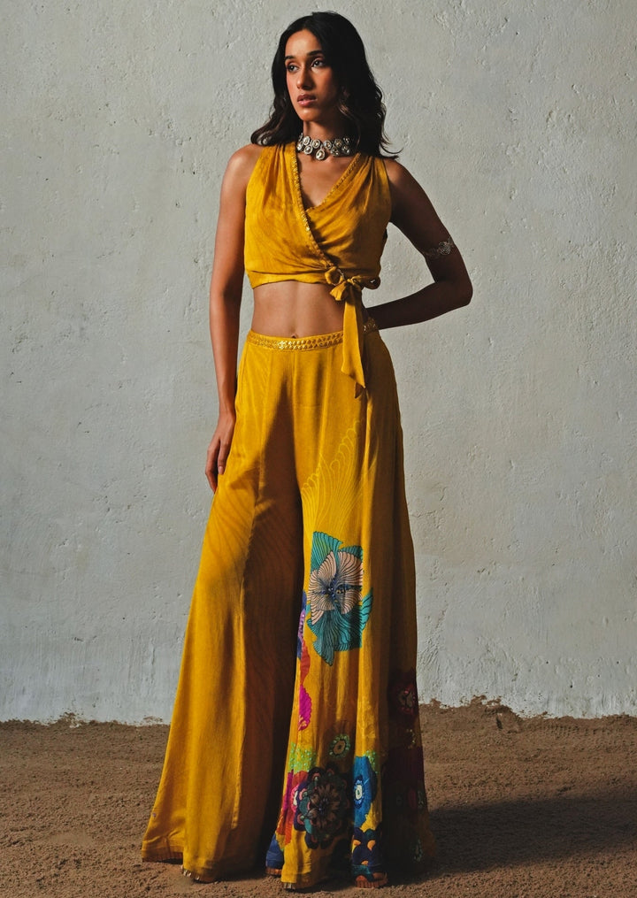 Mustard Yellow Printed Chiffon Pants Set Basil Leaf - Fabilicious Fashion