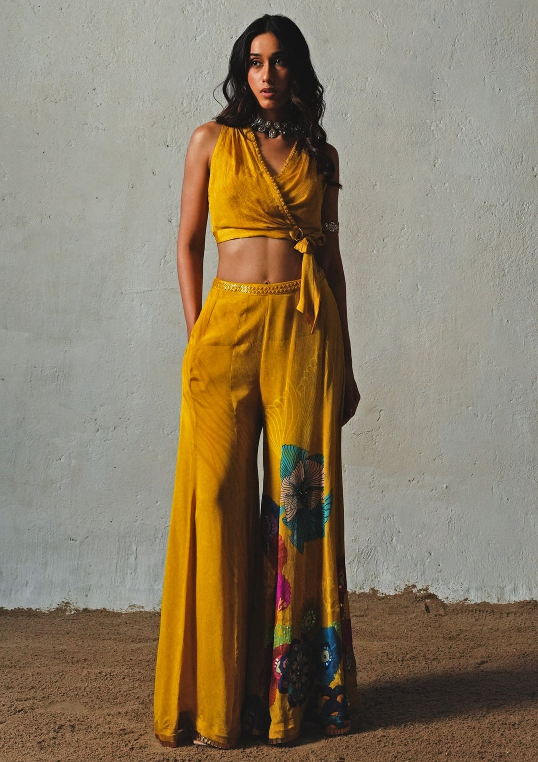 Mustard Yellow Printed Chiffon Pants Set Basil Leaf - Fabilicious Fashion