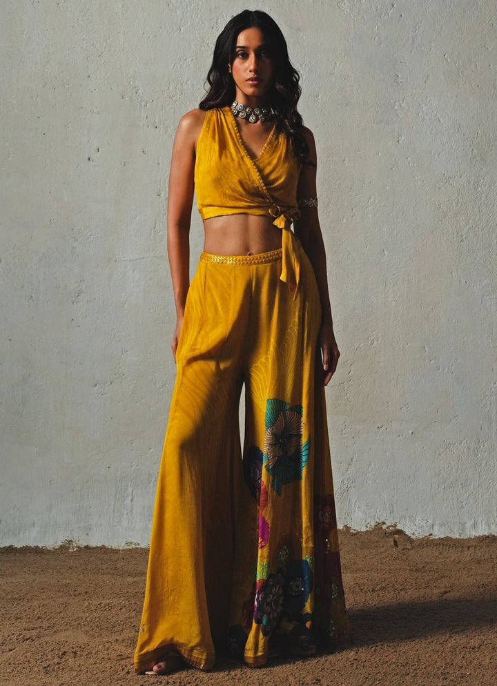 Mustard Yellow Printed Chiffon Pants Set Basil Leaf - Fabilicious Fashion