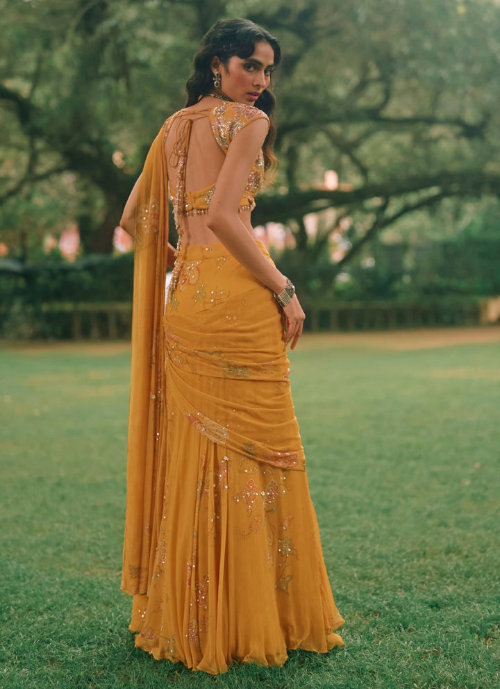 Paulmi and Harsh Mustard Yellow Printed Chiffon Pre-Draped SareeFabilicious Fashion