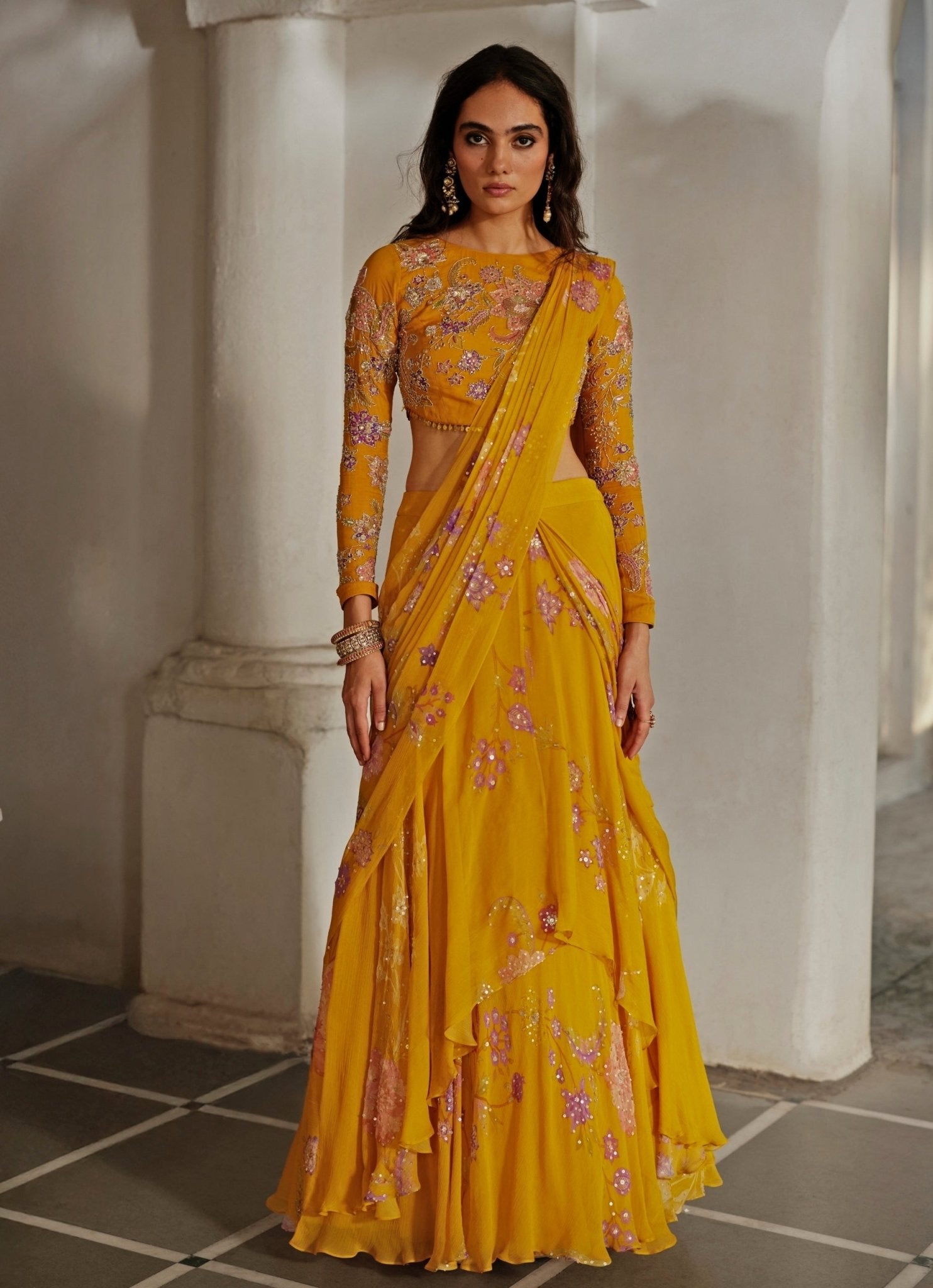 Mustard yellow printed chiffon pre-draped saree Paulmi and Harsh