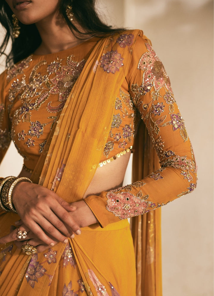 Mustard Yellow Printed Chiffon Predraped Saree Paulmi and Harsh - Fabilicious Fashion