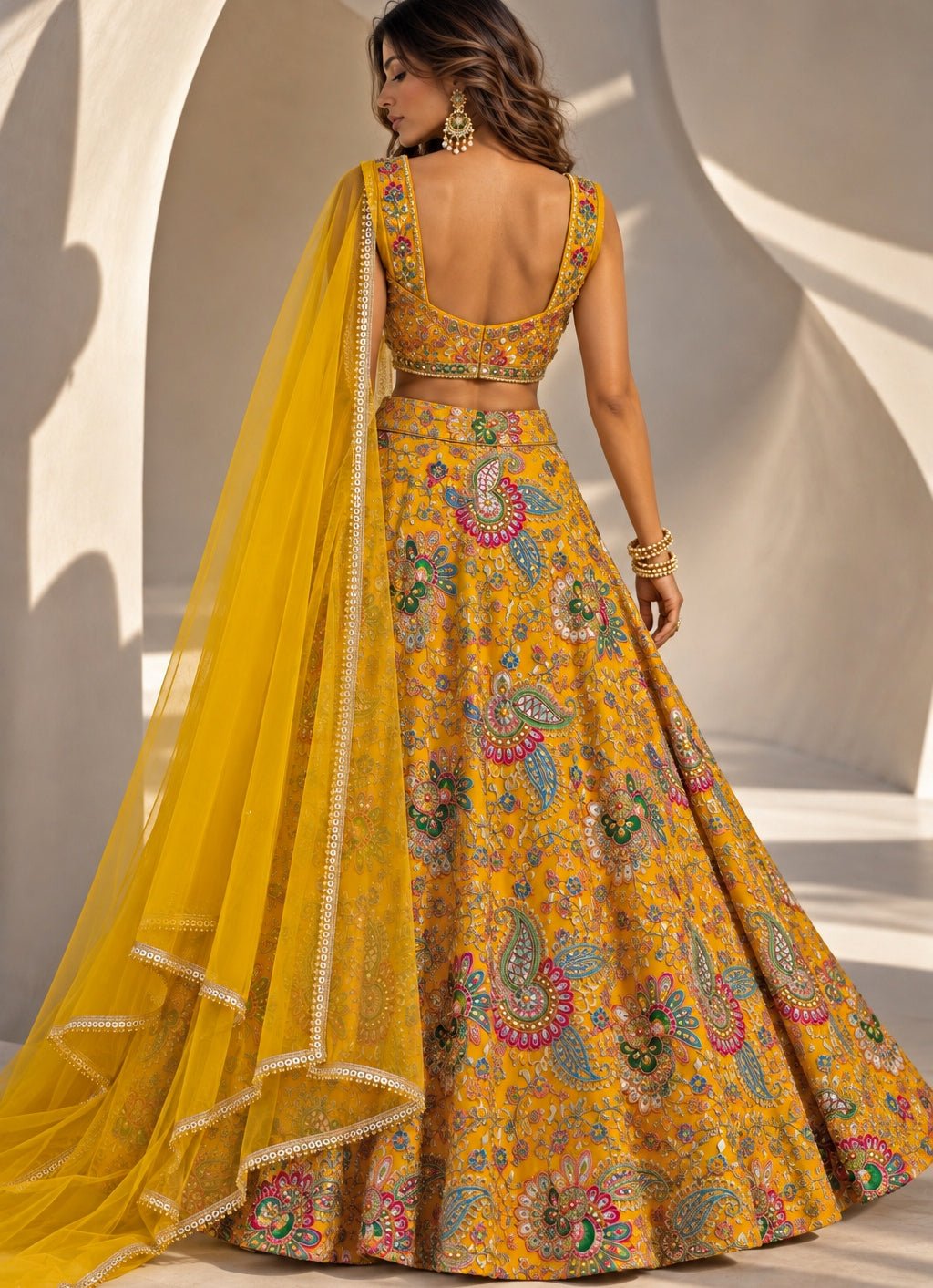 Anisha Shetty Mustard Yellow Printed Crepe Lehenga SetFabilicious Fashion