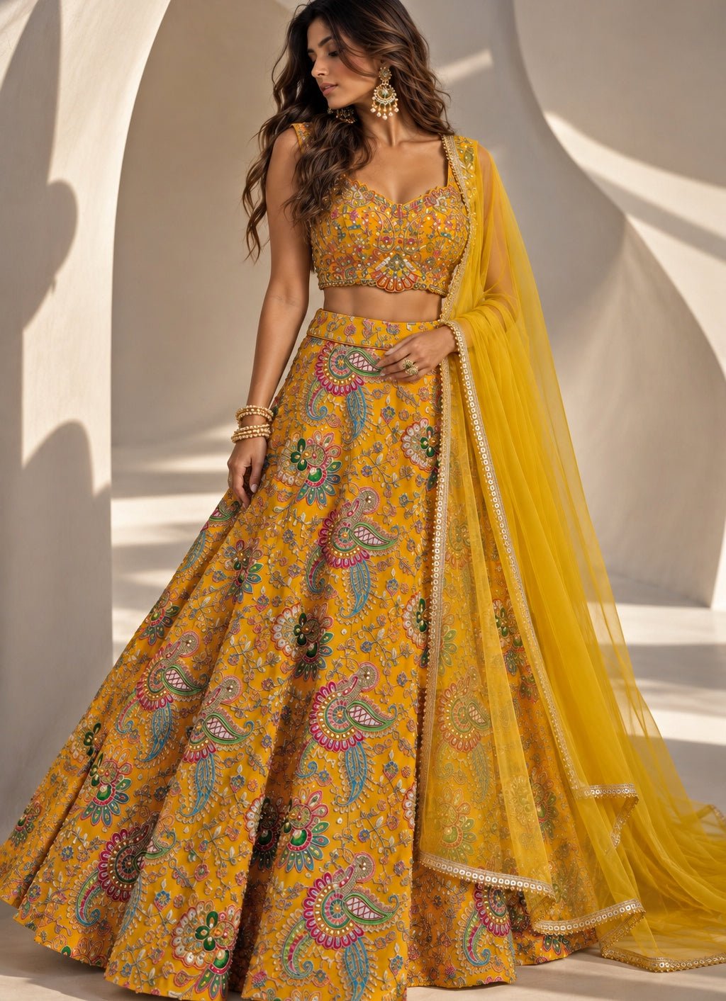 Anisha Shetty Mustard Yellow Printed Crepe Lehenga SetFabilicious Fashion