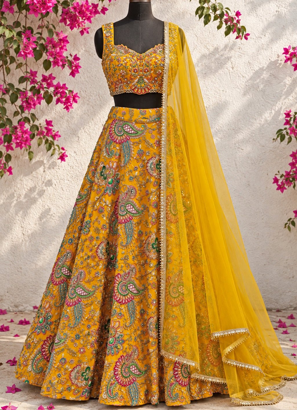 Anisha Shetty Mustard Yellow Printed Crepe Lehenga SetFabilicious Fashion