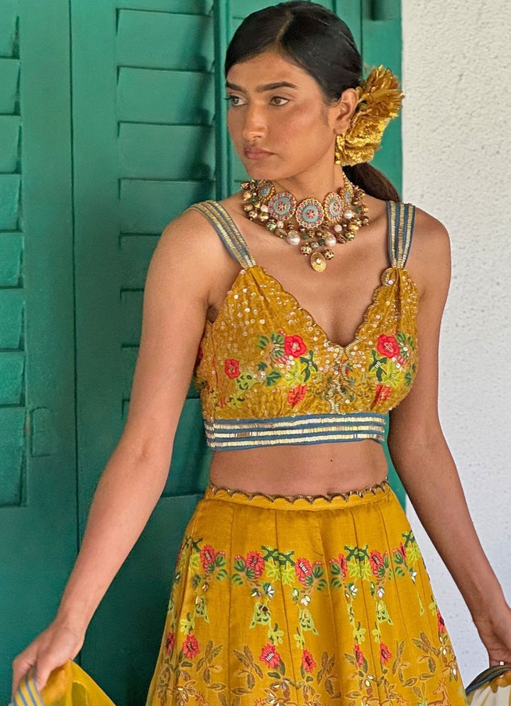 Mustard Yellow Printed Embroidered Lehenga Basil Leaf - Fabilicious Fashion