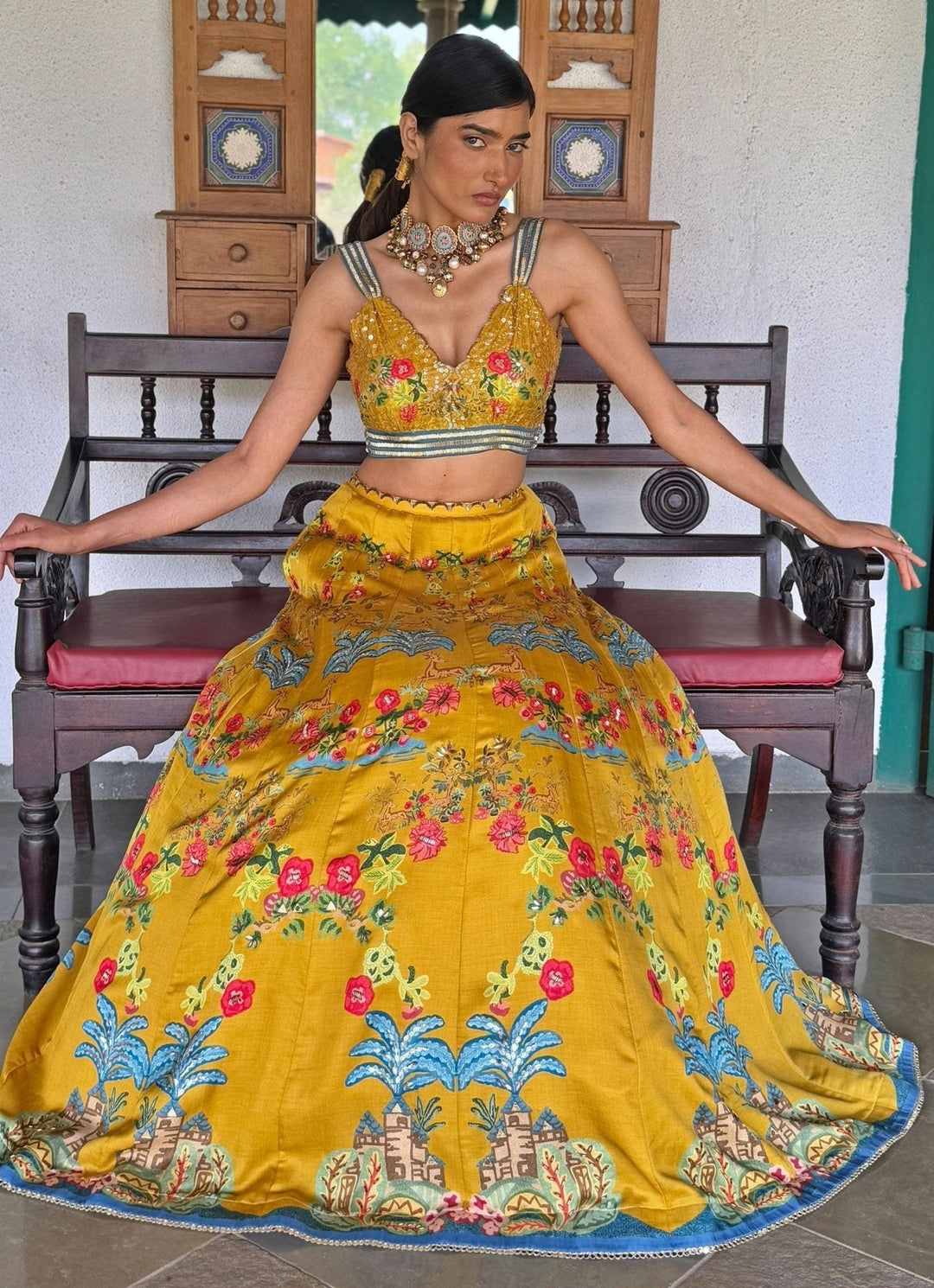 Mustard Yellow Printed Embroidered Lehenga Basil Leaf - Fabilicious Fashion