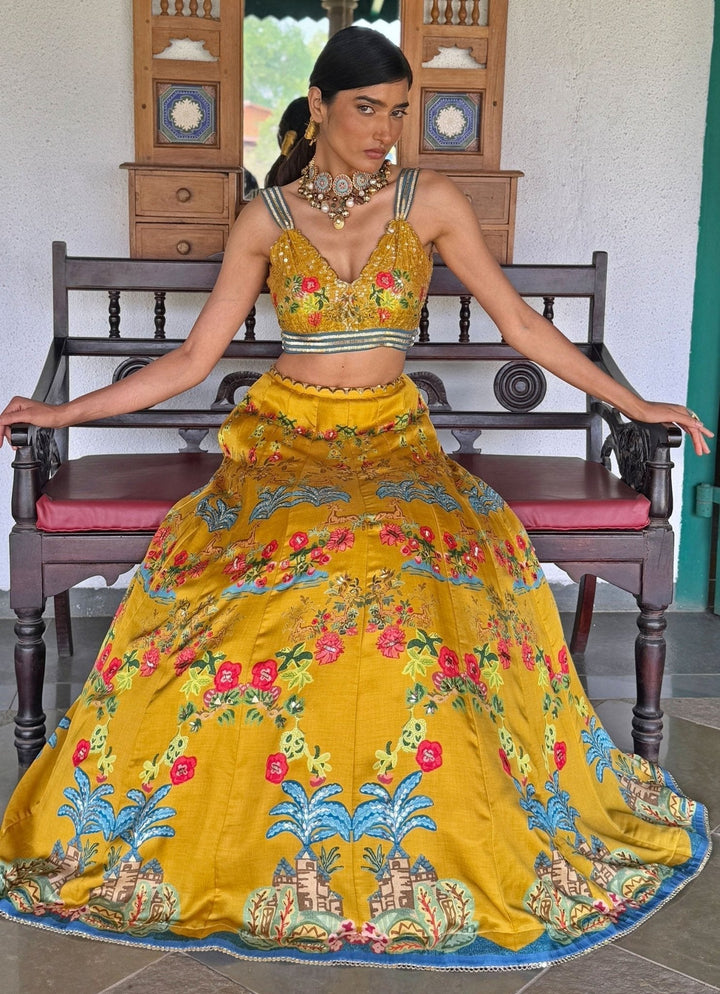 Mustard Yellow Printed Embroidered Lehenga Basil Leaf - Fabilicious Fashion